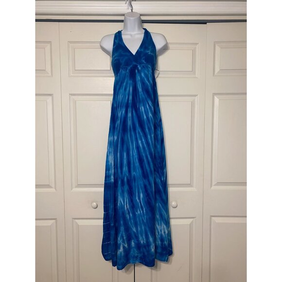 Sleeveless Blue Tie-Dye Maxi Dress With Halter Neck & Keyhole Back Design - Picture 1 of 6